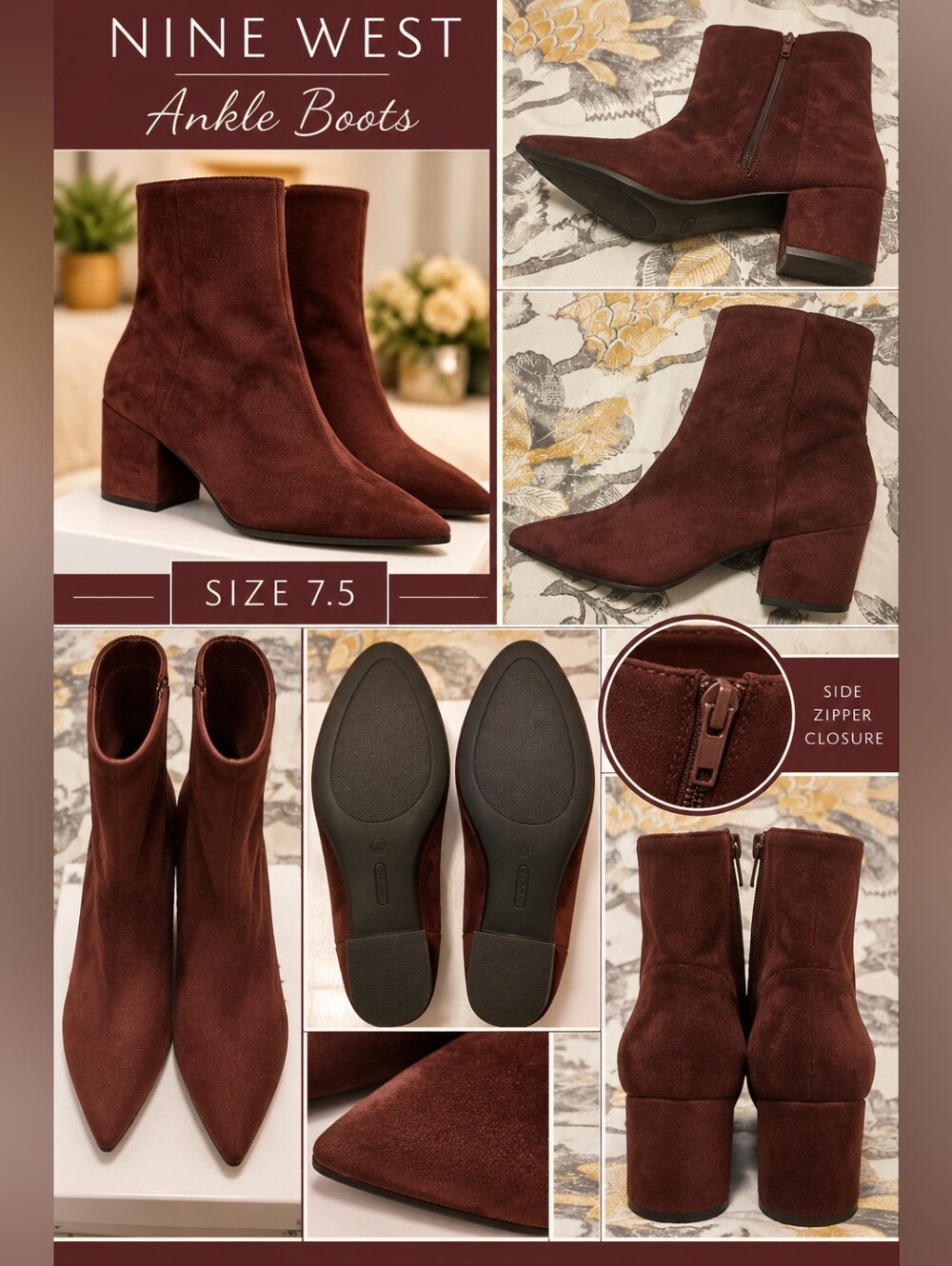 Nine West Burgundy Suede Pointed Ankle Boots